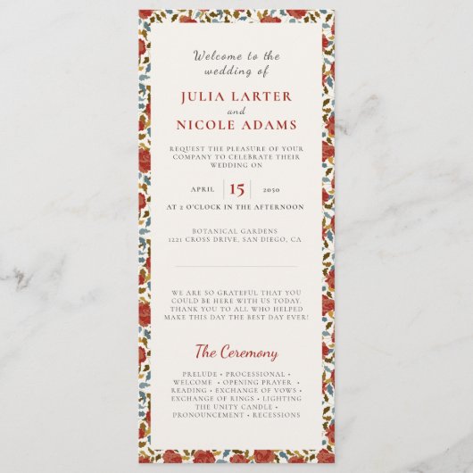 Programme Mariage Fleur de Rose Rouge Dorée Élégante Poussié (Devant)