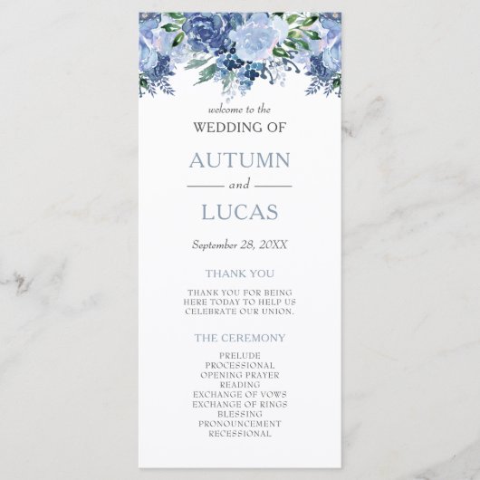 Programme Mariage Fleuris Aquarelle Bleu Poussiéreux (Devant)