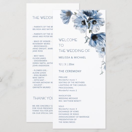 Programme Mariage Fleurs Bleues Artistiques (Devant / Derrière)