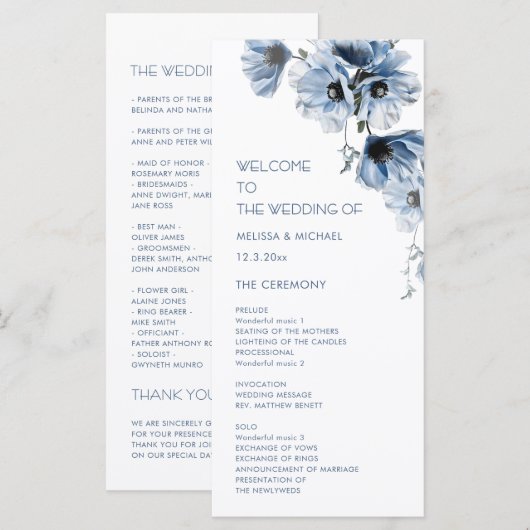 Programme Mariage Fleurs Bleues Artistiques (Devant / Derrière)