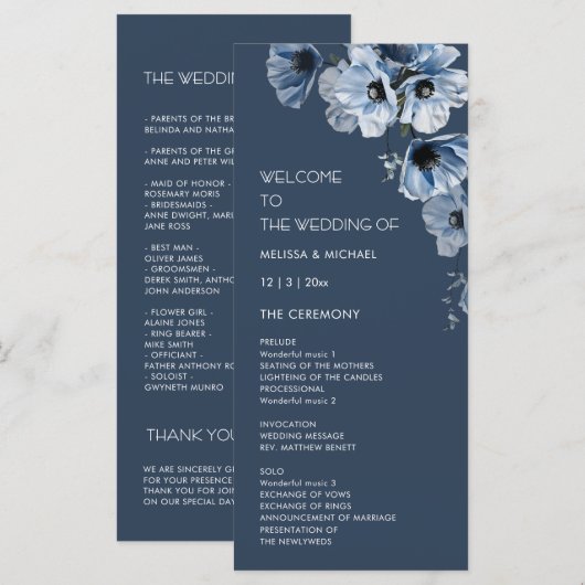 Programme Mariage Fleurs Bleues Artistiques (Devant / Derrière)