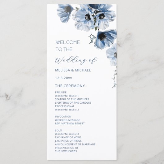 Programme Mariage Fleurs Bleues Artistiques (Devant)