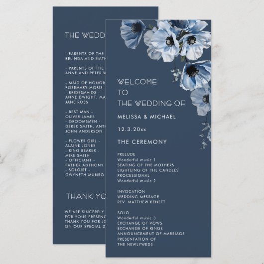 Programme Mariage Fleurs Bleues Artistiques (Devant / Derrière)