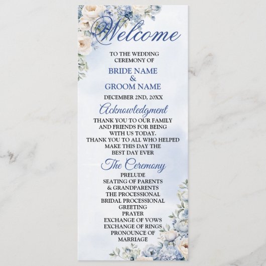 Programme Mariage Fleurs Feuilles Aquarelle Bleu Poussiéreux (Devant)