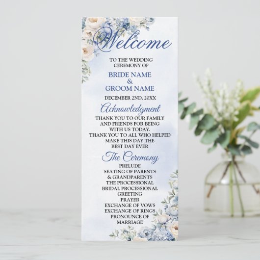 Programme Mariage Fleurs Feuilles Aquarelle Bleu Poussiéreux (Debout devant)