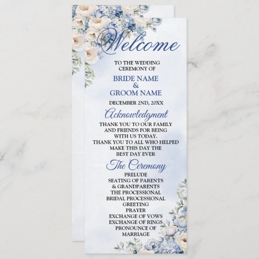 Programme Mariage Fleurs Feuilles Aquarelle Bleu Poussiéreux (Devant / Derrière)
