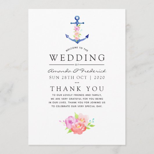 Programme Mariage floral à thème nautique à l'aquarelle avec (Devant)