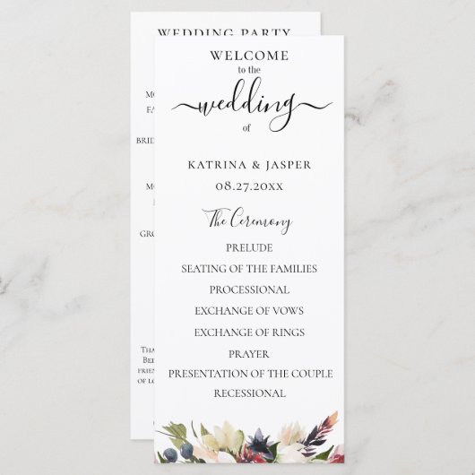 Programme Mariage Floral Aquarelle Rose Foncé (Devant / Derrière)