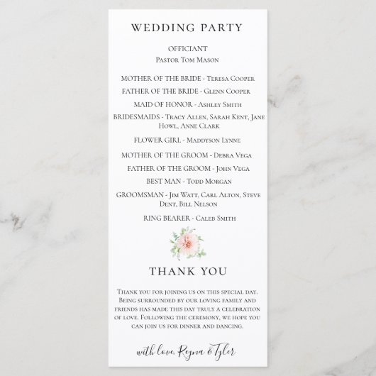 Programme Mariage Floral Aquarelle Rose Pâle (Dos)