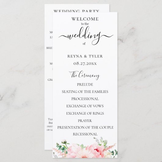 Programme Mariage Floral Aquarelle Rose Pâle (Devant / Derrière)