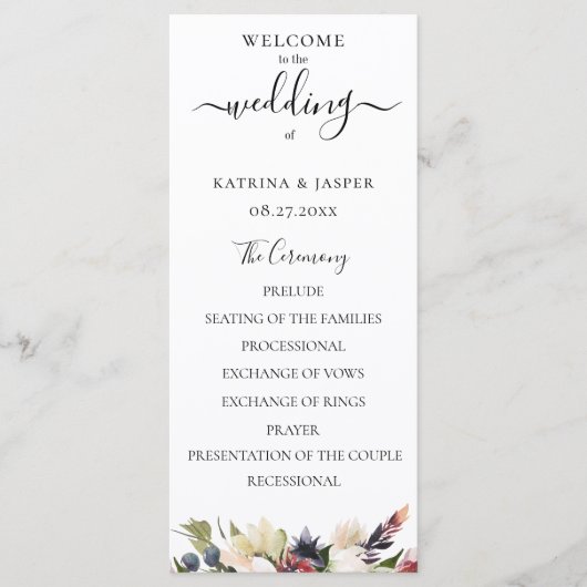 Programme Mariage Floral Aquarelle Rose Pâle et Prune (Devant)