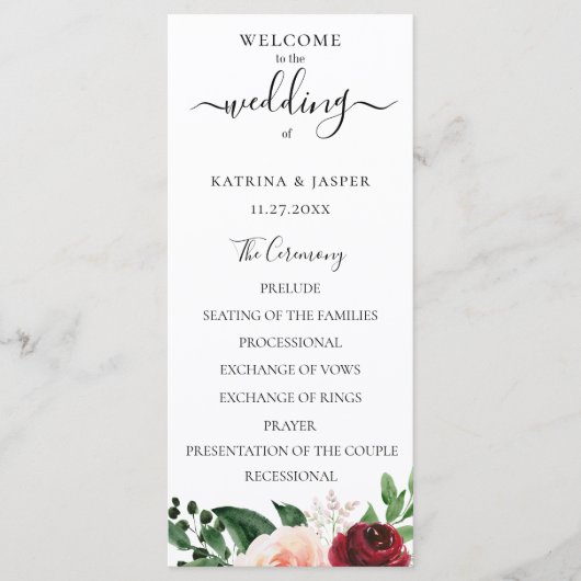 Programme Mariage Floral Aquarelle Rouge Bourgogne (Devant)