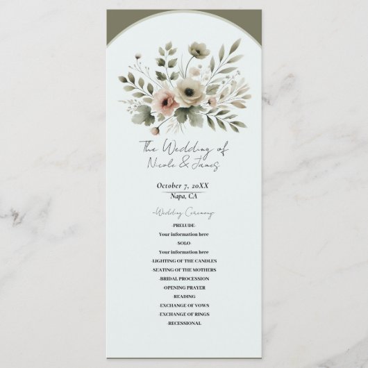 Programme Mariage floral aquarelle vert olive kaki (Devant)