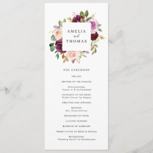 Programme Mariage floral automnal aquarelle en bordeaux et r