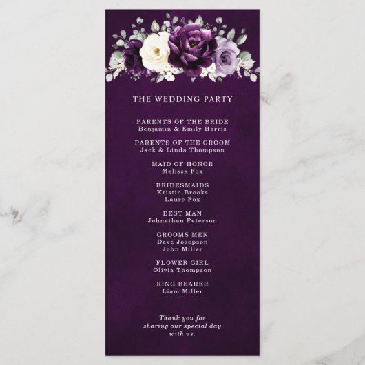 Programme Mariage floral blanc blanc blanc de prune d'auberg (Dos)