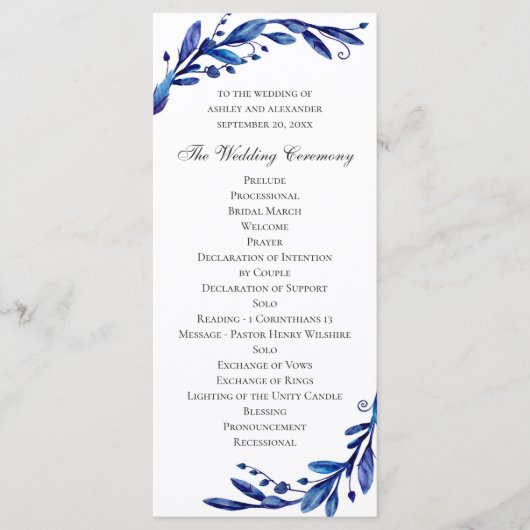 Programme Mariage floral bleu aquarelle. Botanique marine (Devant)