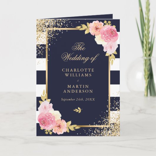 Programme Mariage floral bleu bleu blanc or bleu rose (Devant)