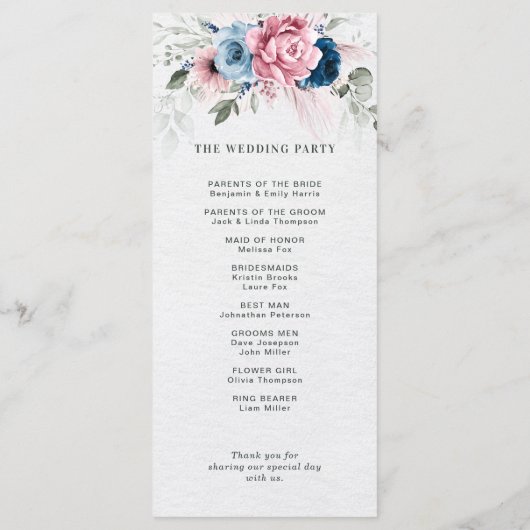 Programme Mariage floral bleu bleu bleu pastel rose (Dos)