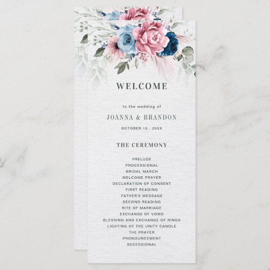Programme Mariage floral bleu bleu bleu pastel rose (Devant / Derrière)