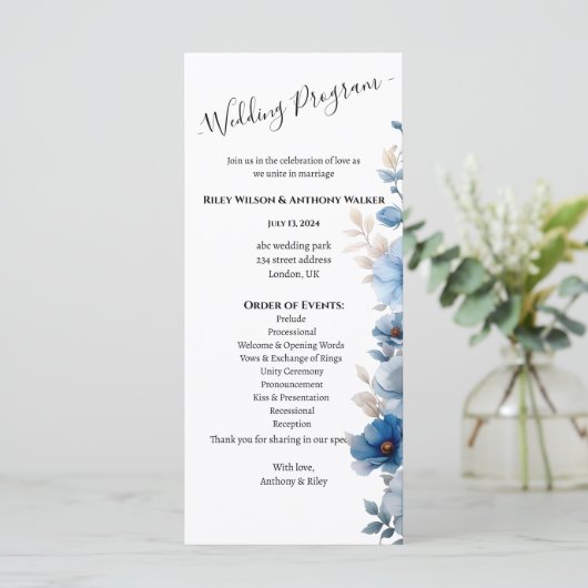 Programme Mariage floral bleu et blanc (Debout devant)