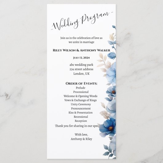Programme Mariage floral bleu et blanc (Devant)