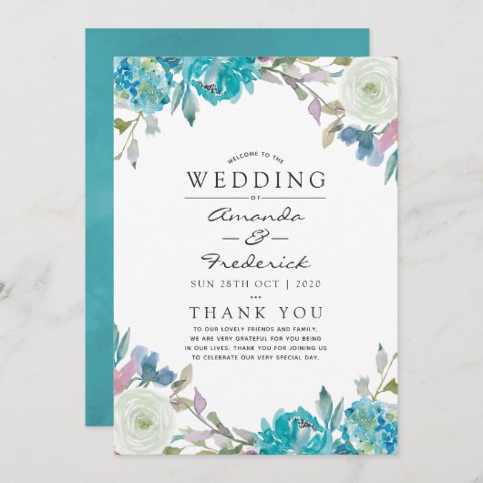 Programme Mariage floral bleu et turquoise (Devant / Derrière)