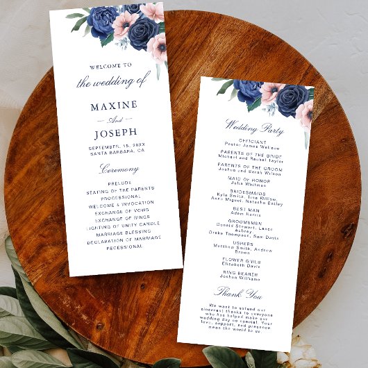 Programme Mariage floral bleu marine et blush