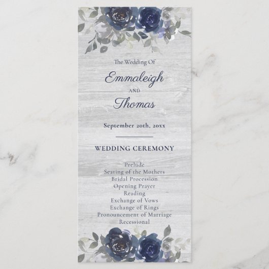 Programme Mariage floral bleu marine gris argent (Devant)