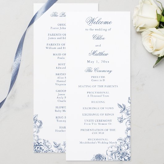 Programme Mariage Floral Bleu Poussiéreux Élégant Classique