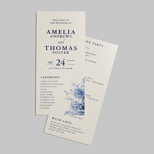 Programme Mariage Floral Crème Classique et Bleu Français Él