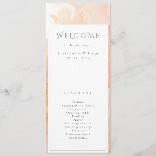 Programme Mariage floral de pêche à l'aquarelle moderne (Devant)