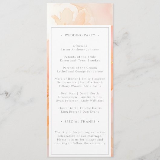 Programme Mariage floral de pêche à l'aquarelle moderne (Dos)