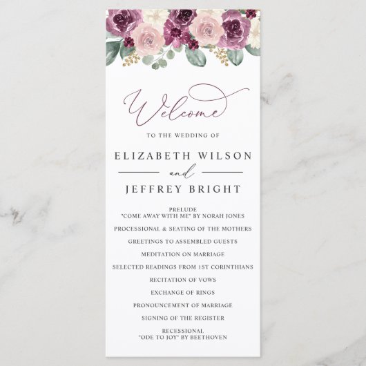 Programme Mariage floral de prune moderne élégante (Devant)