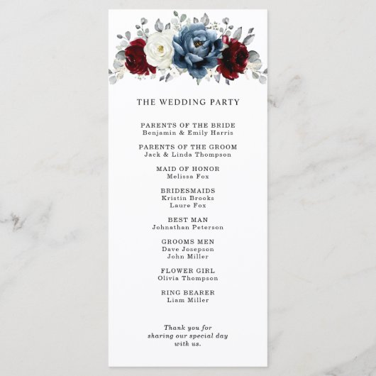 Programme Mariage floral d'ivoire blanc bleu ardoise (Dos)
