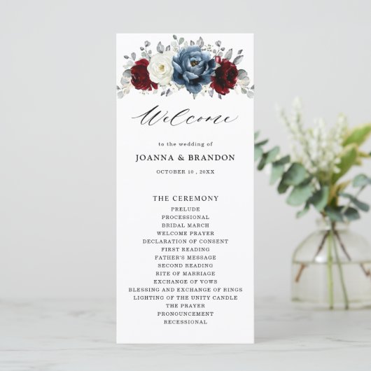 Programme Mariage floral d'ivoire blanc bleu ardoise (Debout devant)