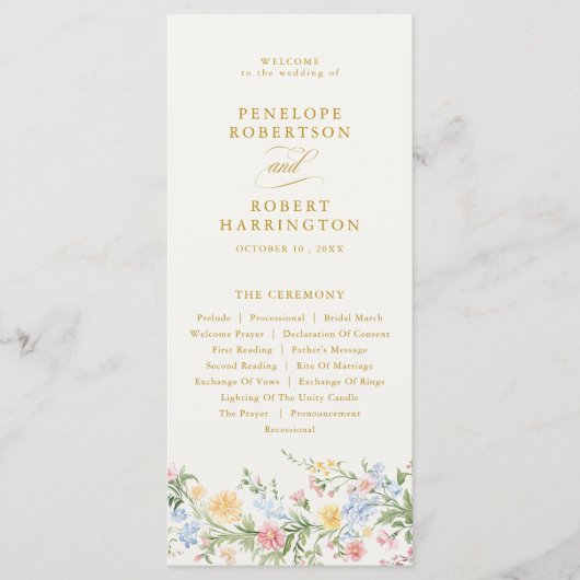 Programme Mariage Floral Doré Orné au Pastel Doux (Devant)
