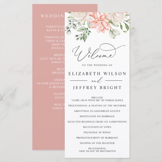 Programme Mariage floral élégant moderne botanique rose blus (Devant / Derrière)