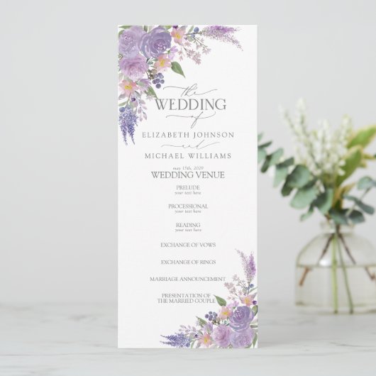 Programme Mariage floral Lilac moderne Lavender Mauve Script (Debout devant)