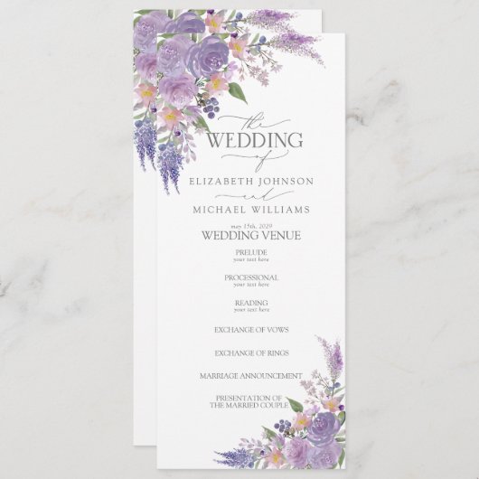 Programme Mariage floral Lilac moderne Lavender Mauve Script (Devant / Derrière)