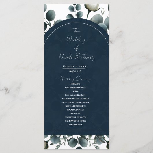 Programme Mariage floral moderne bleu foncé et blanc (Devant)