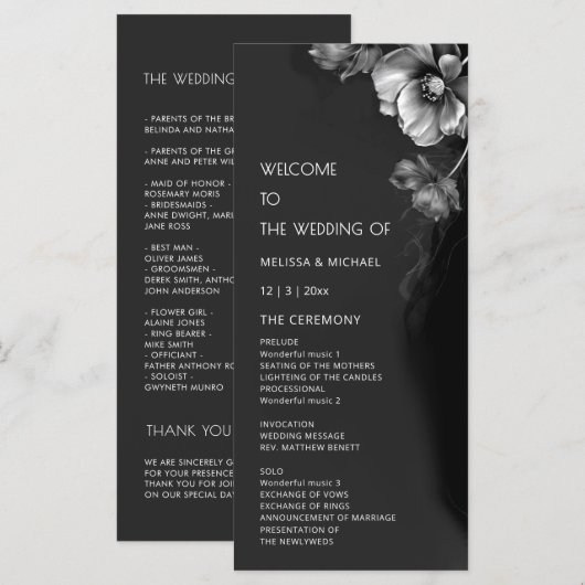 Programme Mariage Floral Noir Argent (Devant / Derrière)