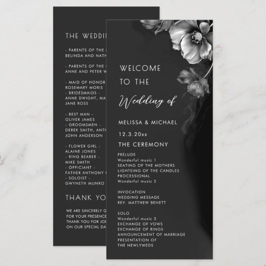 Programme Mariage Floral Noir Argent (Devant / Derrière)