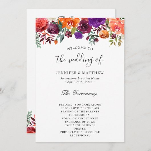 Programme Mariage floral orange bordeaux (Devant / Derrière)