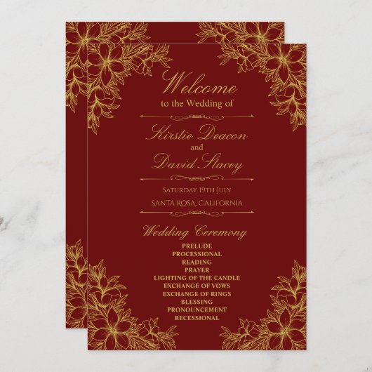 Programme Mariage Floral Orné Or (Devant / Derrière)