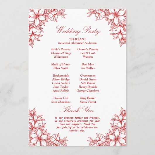 Programme Mariage Floral Orné Rouge (Dos)