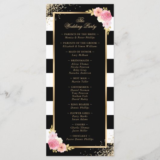 Programme Mariage floral rose noir Confetti en or noir (Dos)