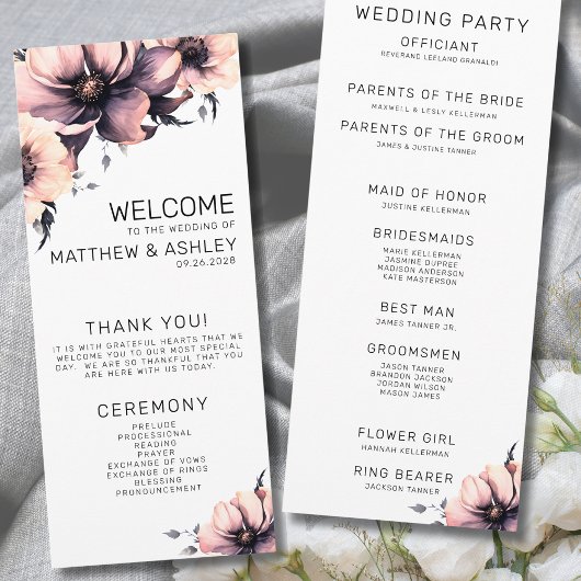 Programme Mariage Floral Rose Pâle Bohème Rustique Élégant