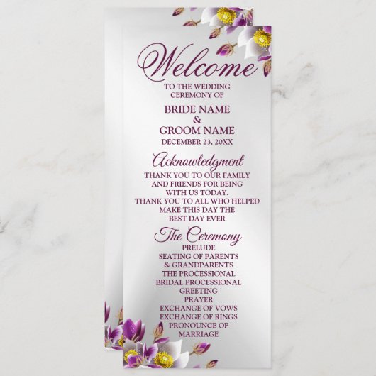 Programme Mariage Floral Rose violet argenté Elégant (Devant / Derrière)