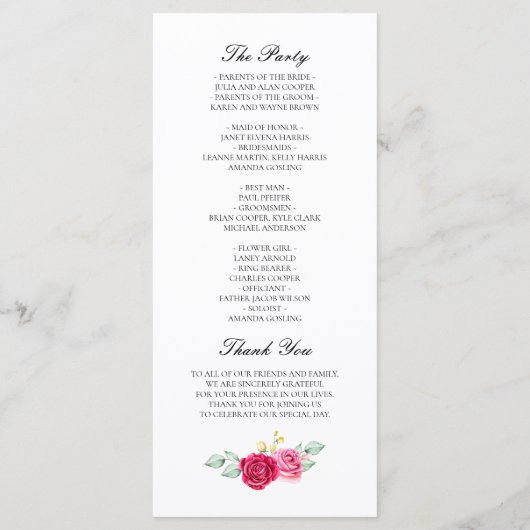 Programme Mariage floral rouge et rose (Dos)