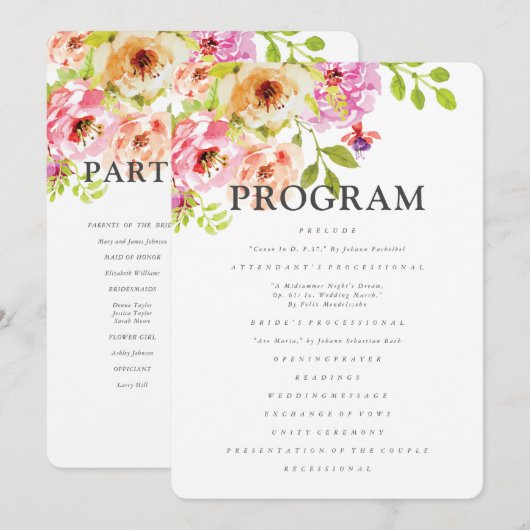 Programme Mariage floral rustique aquarelle (Devant / Derrière)